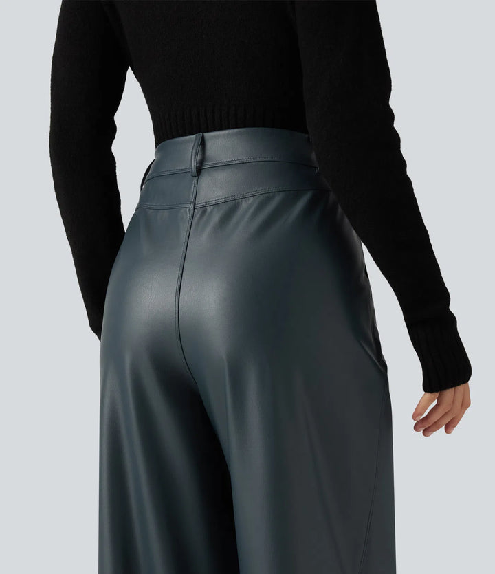 High Waisted Wide Leg Stretchy PU Fleece Casual Pants with Pockets