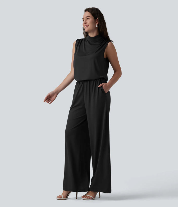 Stand Collar Sleeveless Straight Leg Bridesmaid And Wedding Guest Jumpsuit with Pockets-Easy Peezy