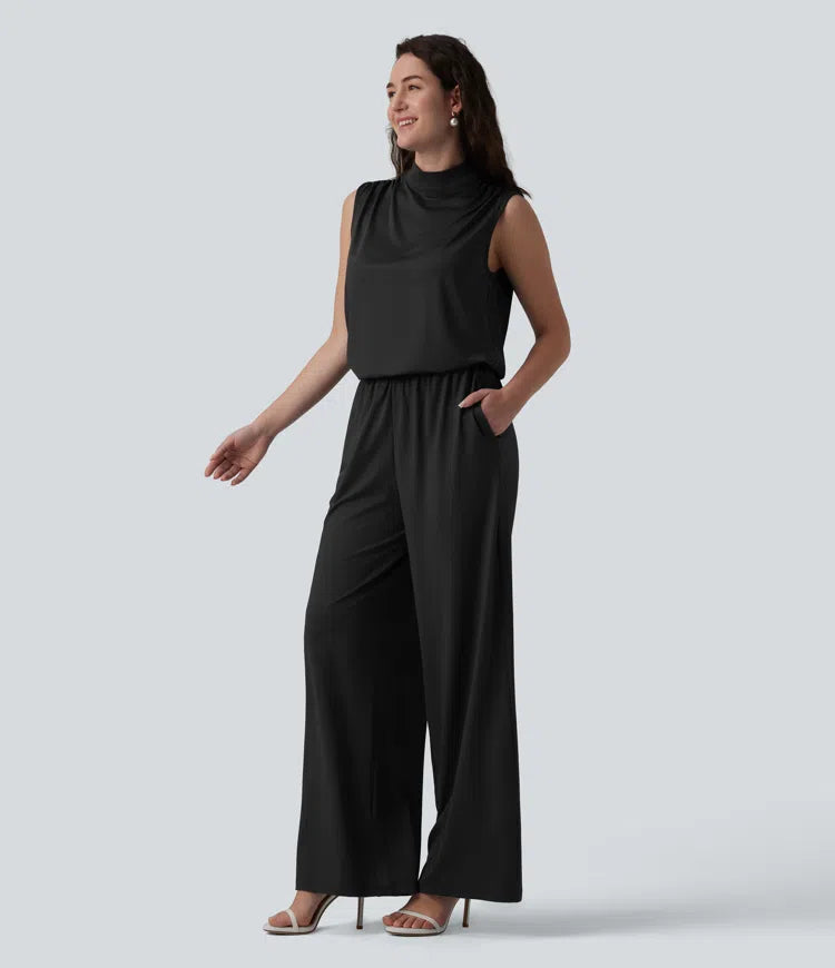 Stand Collar Sleeveless Straight Leg Bridesmaid And Wedding Guest Jumpsuit with Pockets-Easy Peezy