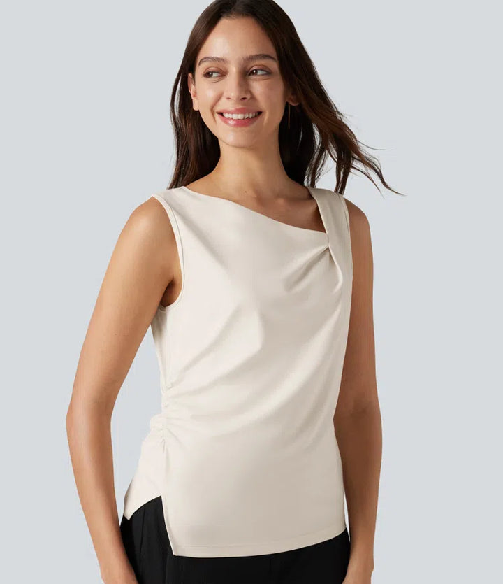 Asymmetric Cowl Neck Sleeveless Ruched Split Hem Work Top