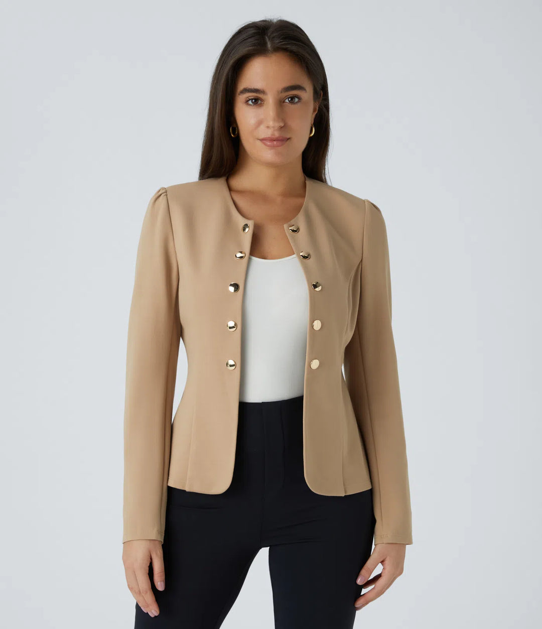 Round Neck Long Sleeve Decorative Button Slim Work Blazer