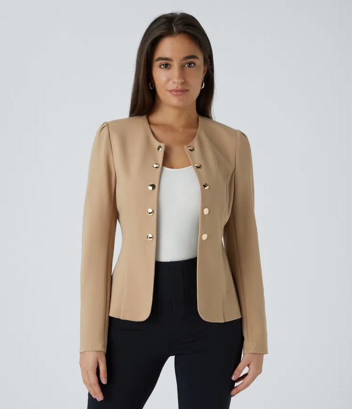 Round Neck Long Sleeve Decorative Button Slim Work Blazer