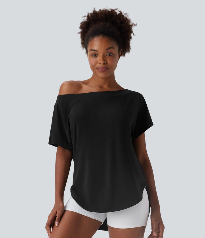 One Shoulder Short Sleeve Curved Hem High Low Quick Dry Yoga Sports Top