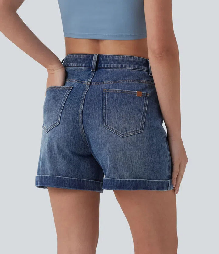 Halara Flex Mid Rise Rolled Hem Denim Casual Shorts 5&