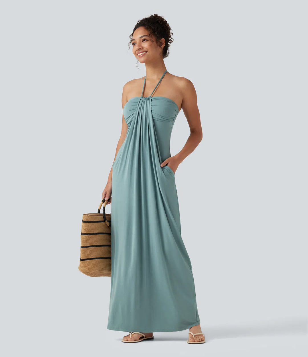 Halter Tie Back Built-in Bra Maxi Dress with Pockets