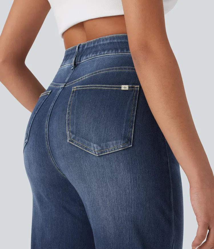 Halara Flex High Waisted Tummy Control Pockets Straight Leg Washed Casual Jeans