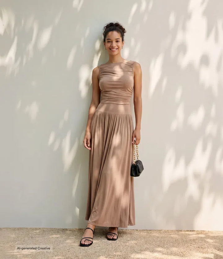 Ribbed Boat Neck Asymmetric Strap Ruched Pocket Flowy Maxi Casual Dress
