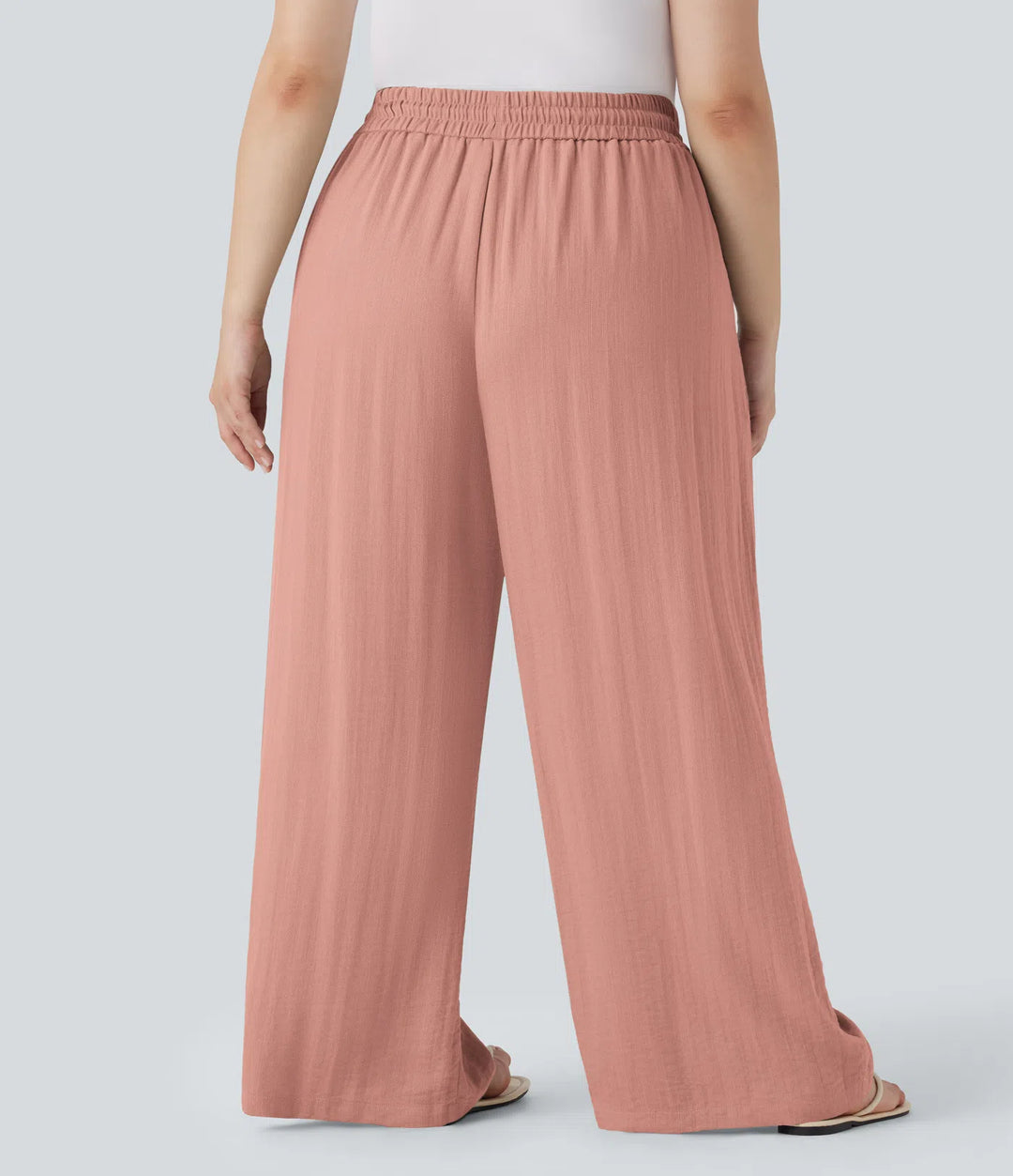 High Waisted Drawstring Linen-Feel Wide Leg Casual Plus Size Pants with Pockets