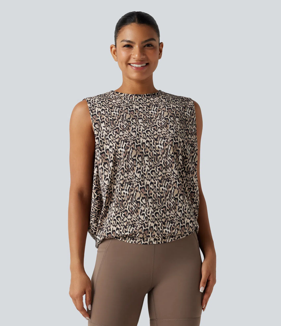 Round Neck Leopard Print Workout Tank Top