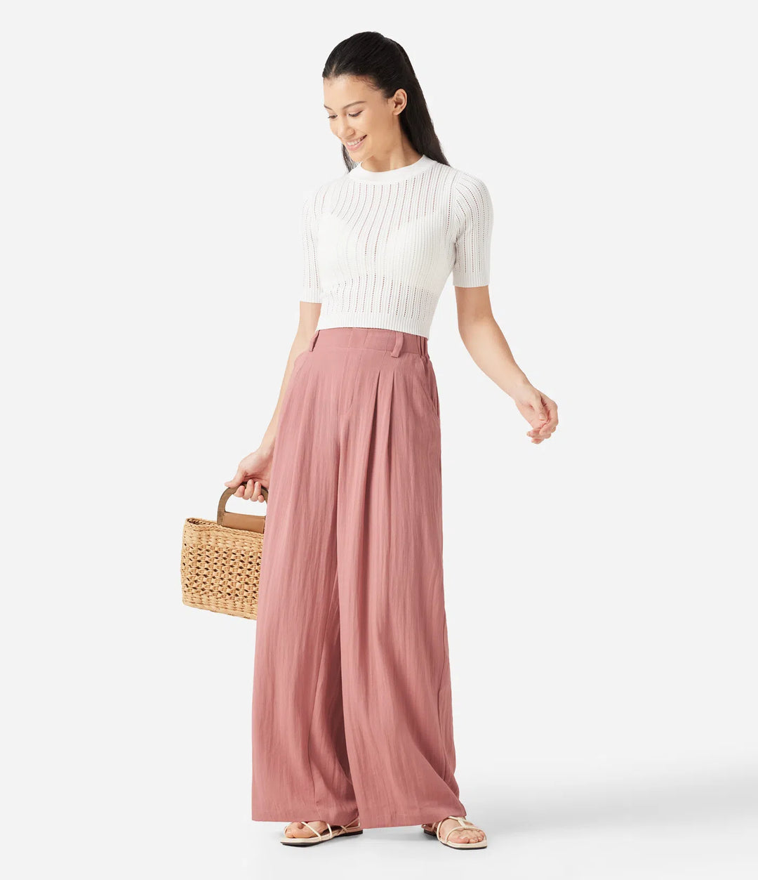High Waisted Pocket Wide Leg Flowy Solid Palazzo Casual Linen-Feel Pants