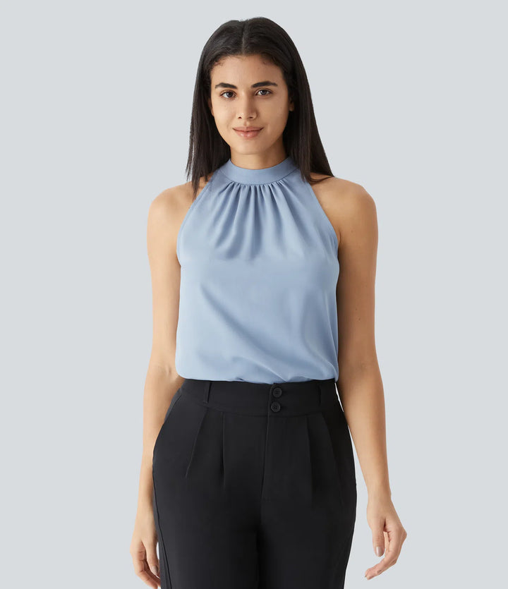 Keyhole Back Halter Sleeveless Curved Hem Work Blouse