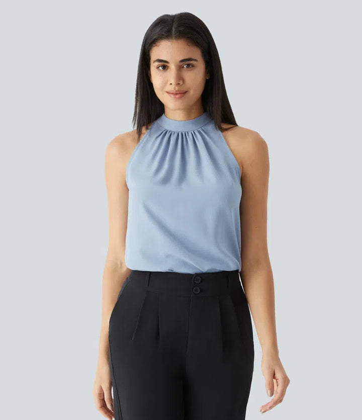Keyhole Back Halter Sleeveless Curved Hem Work Blouse