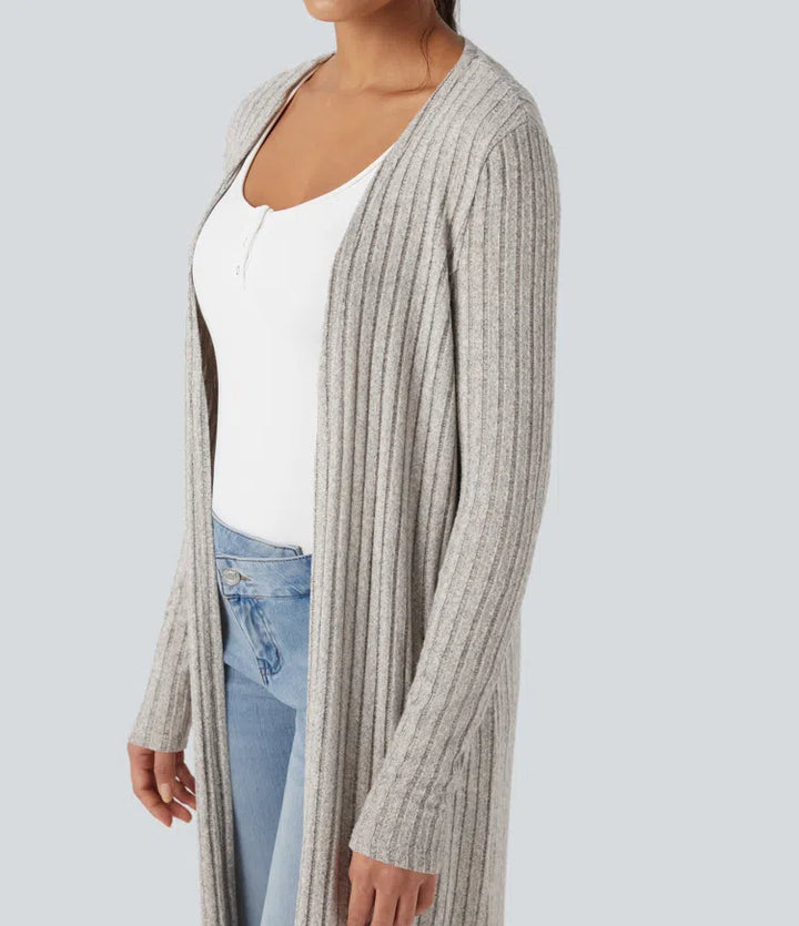 Ribbed Knit Long Sleeve Split Casual Longline Cardigan