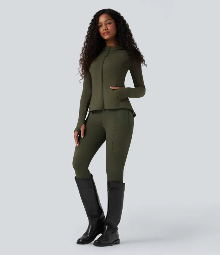 SoftlyZero Hooded Long Sleeve Thumb Hole Pleated Jacket with Pockets