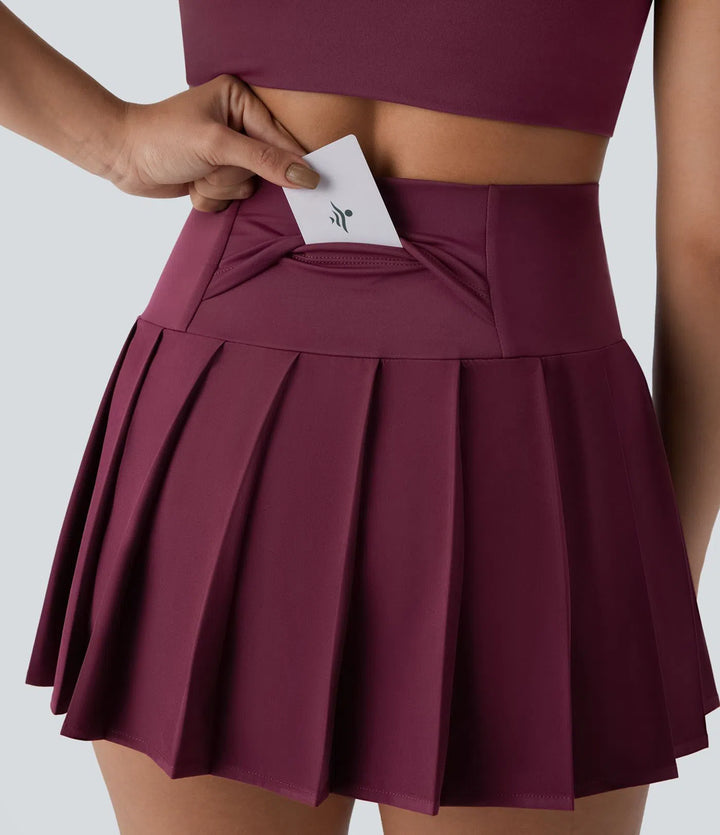 Breezeful High Waisted Pleated 2-in-1 Side &amp; Pocket Asymmetric Hem Quick Dry Mini Dance Skirt