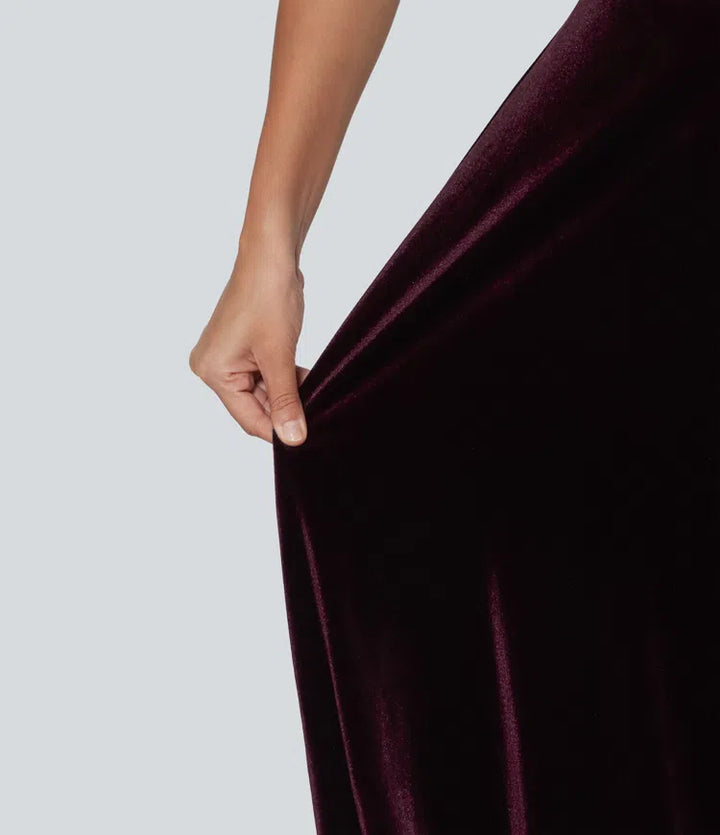 Square Neck Lace Up Ruched Built-in Bra Corset Velvet Midi Casual Milkmaid Dress