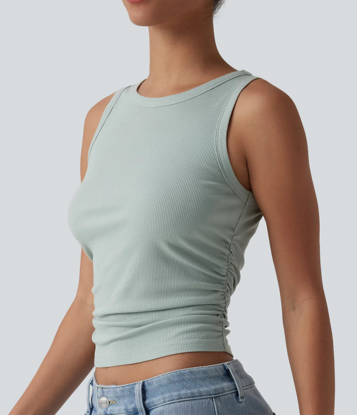 Ribbed Knit Round Neck Ruched Casual Tank Top