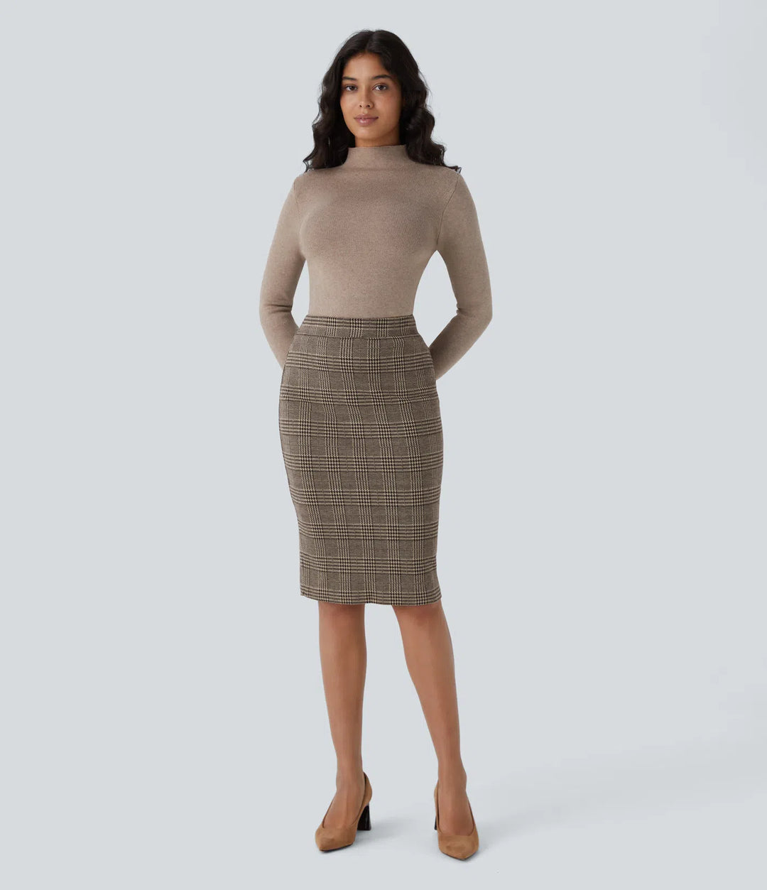 High Waisted Hem Houndstooth Plaid Work Pencil Skirt