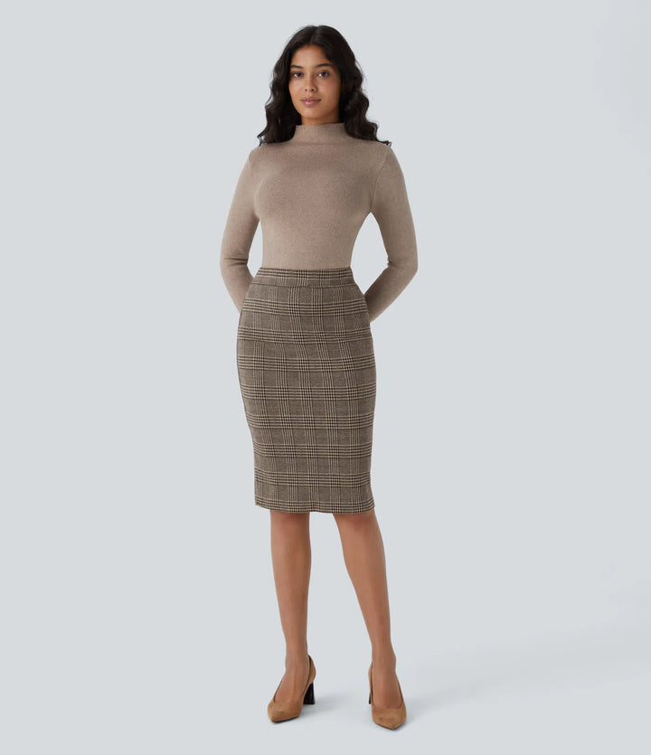 High Waisted Hem Houndstooth Plaid Work Pencil Skirt