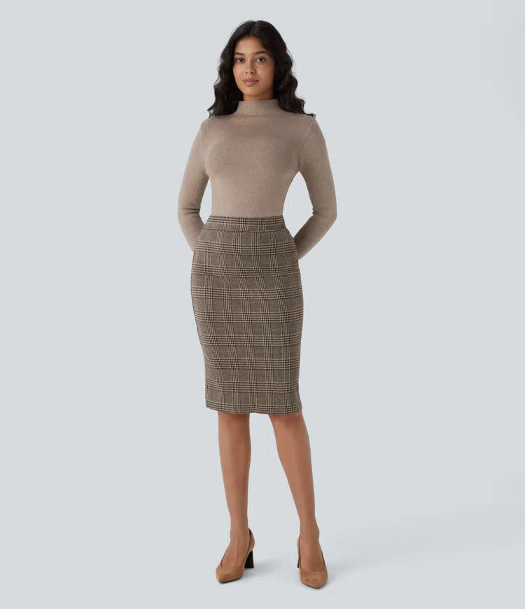 High Waisted Hem Houndstooth Plaid Work Pencil Skirt