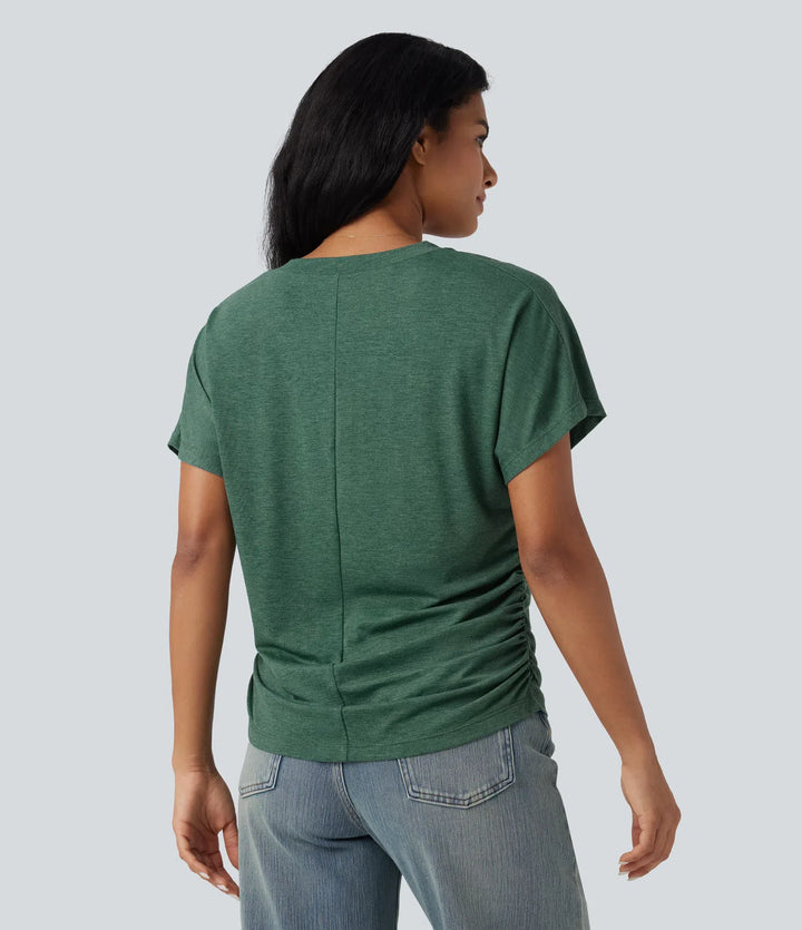 V-neck Short Sleeve Ruched Relaxed Casual Top