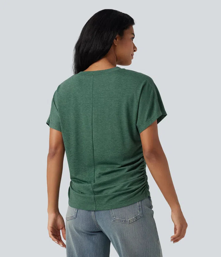 V-neck Short Sleeve Ruched Relaxed Casual Top