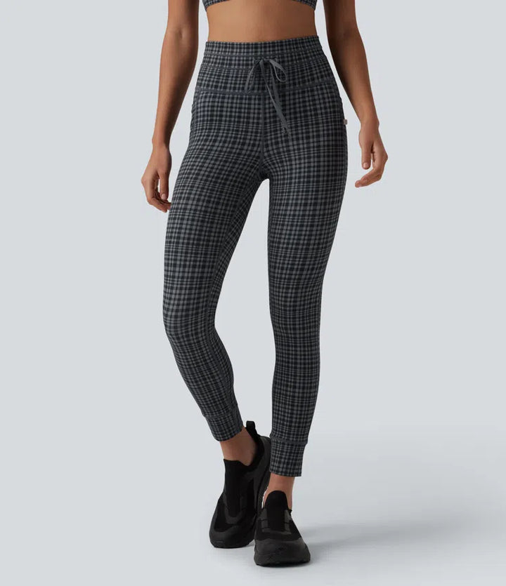Halara UltraSculpt Check Plaid Print High Waisted Drawstring Yoga Leggings with Pockets