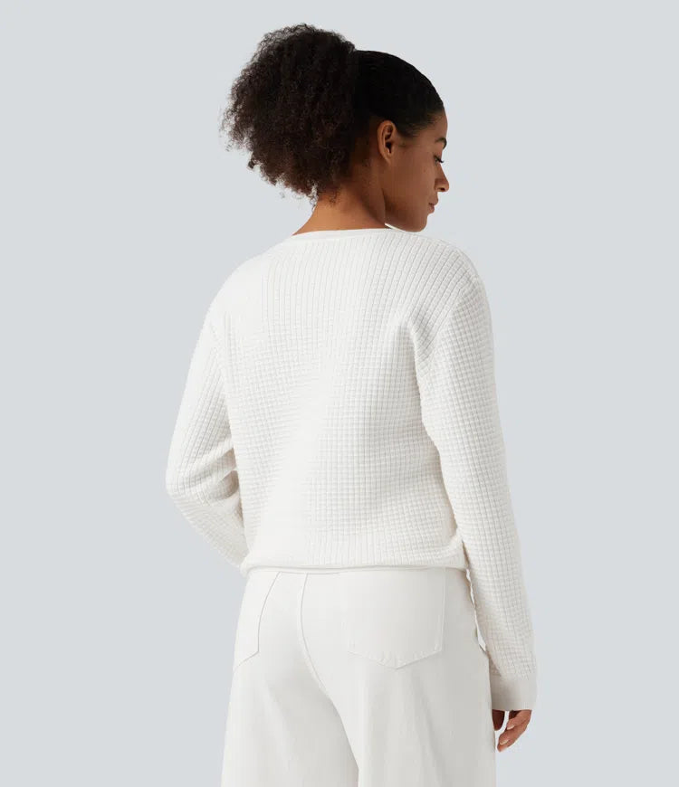 Round Neck Long Sleeve Waffle Casual Sweater