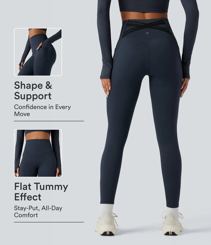 Halara Ultrasculpt Heat High Waisted Tummy Control Crossover Back Fleece Running Leggings with Pockets
