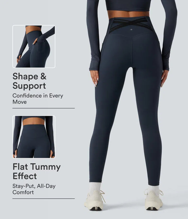 Halara Ultrasculpt Heat High Waisted Tummy Control Crossover Back Fleece Running Leggings with Pockets