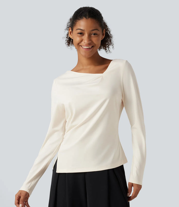 Asymmetric Cowl Neck Long Sleeve Ruched Slit Hem Work Blouse