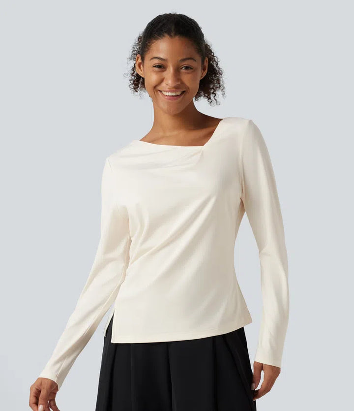 Asymmetric Cowl Neck Long Sleeve Ruched Slit Hem Work Blouse