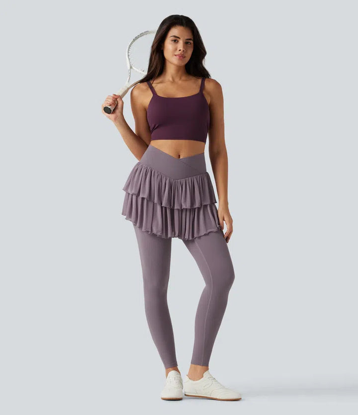 Softlyzero High Waisted Crossover Contrast Mesh Workout Skirted Leggings with Pockets