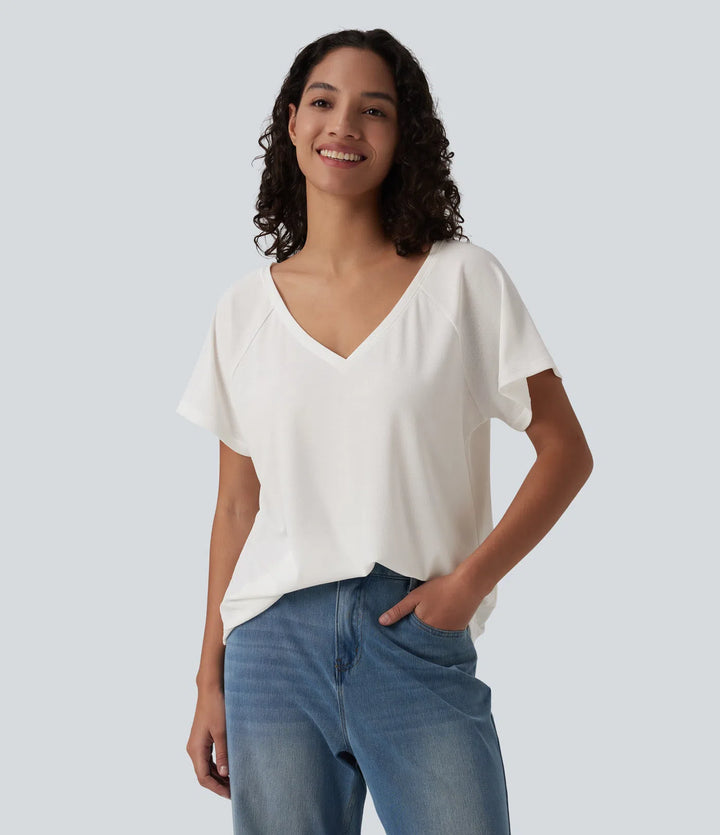 V Neck Raglan Short Sleeve Relaxed Casual T-Shirt