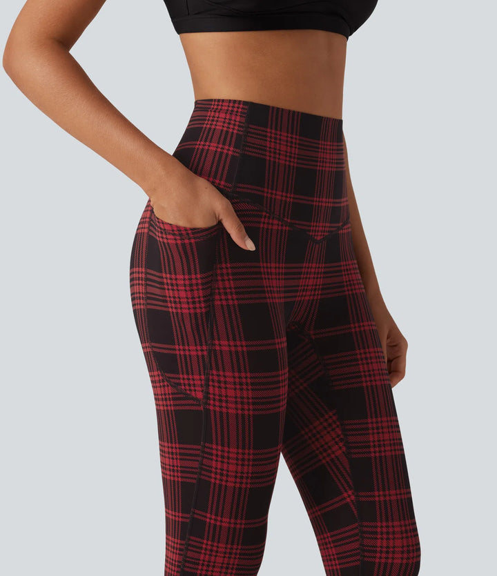 Halara UltraSculpt Plaid Print High Waisted Tummy Control Running Leggings with Pockets