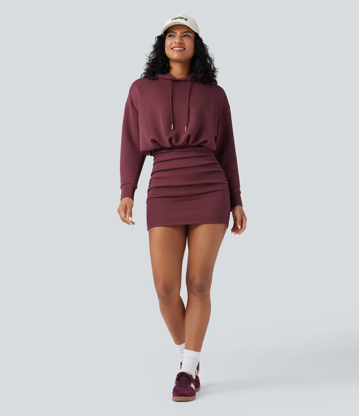 SpacerTek Long Sleeve Ruched Bodycon Mini Casual Hoodie Dress