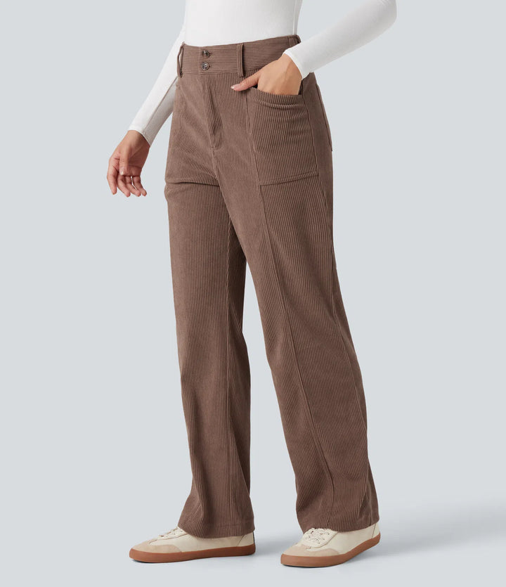 High Waisted Corduroy Casual Straight Leg Pants with Pockets