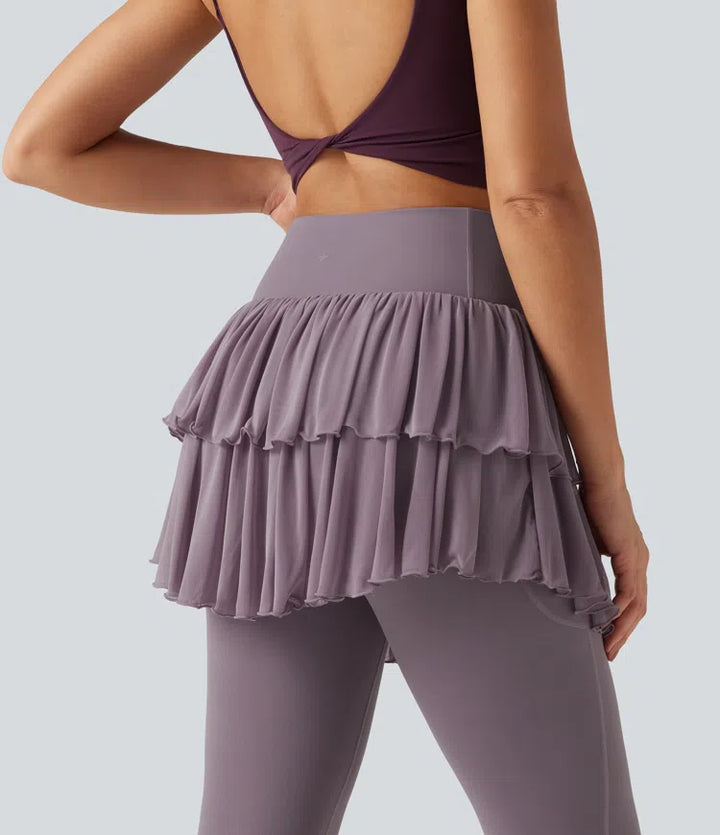 Softlyzero High Waisted Crossover Contrast Mesh Workout Skirted Leggings with Pockets
