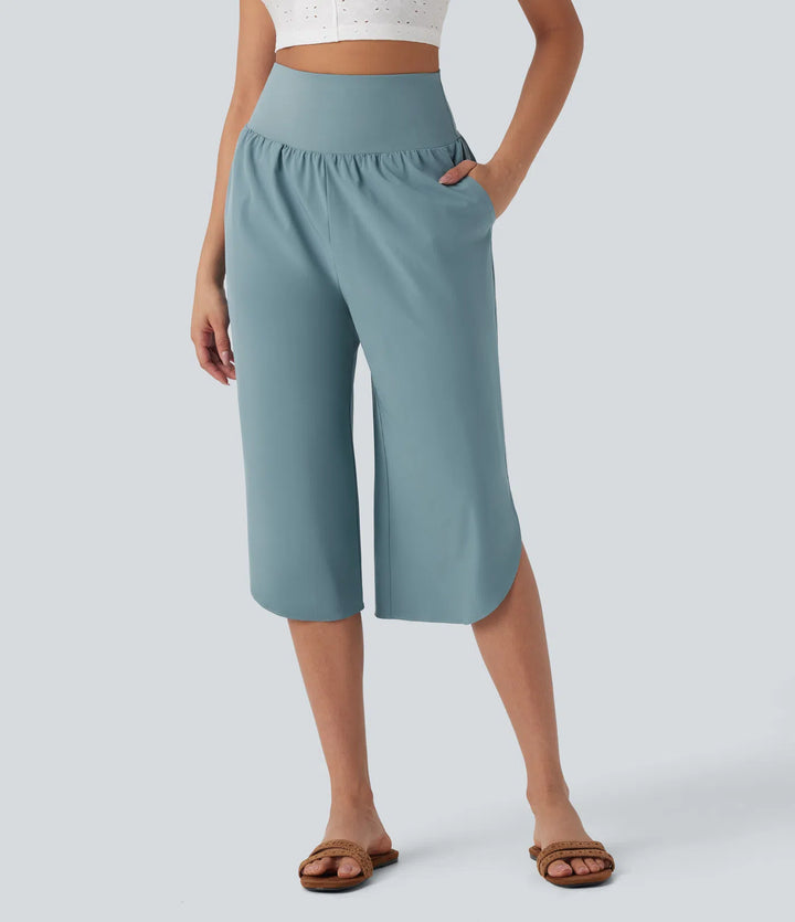Breezeful High Waisted Tummy Control Hem Quick Dry Capri Pants with Pockets