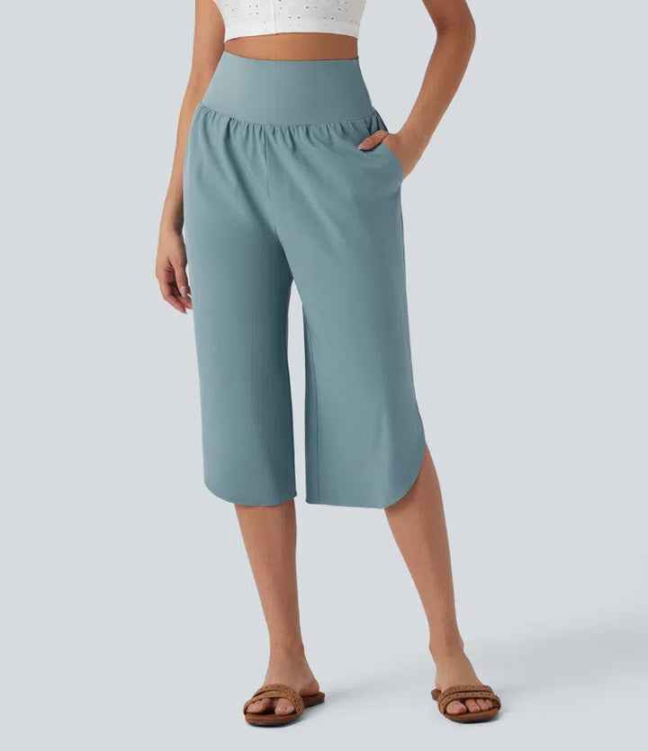 Breezeful High Waisted Tummy Control Hem Quick Dry Capri Pants with Pockets