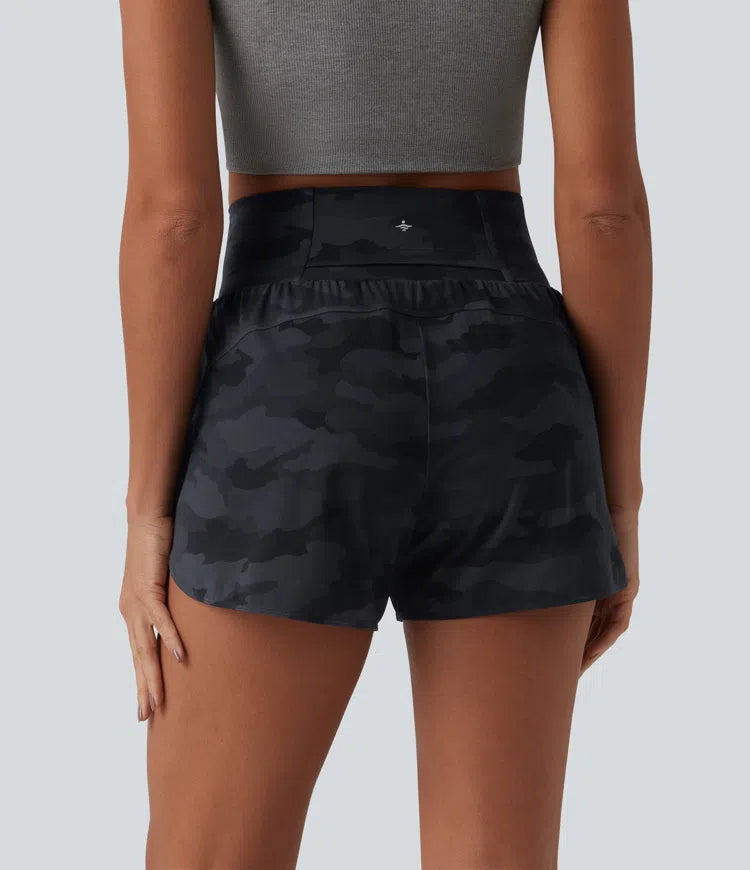 Halara UltraSculpt Camo Print High Waisted Tummy Control Curved Hem 2-in-1 Running Shorts 4" with Pocket