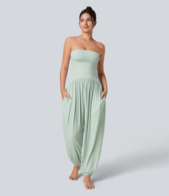 Ribbed Tube Backless Side Pocket Casual Jumpsuit
