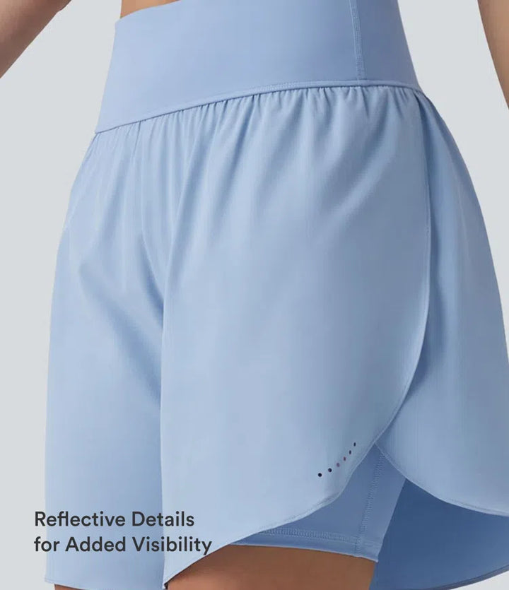 SoftlyZero QuickDry High Waisted Tummy Control Reflective Dots Crossover Hem 2-in-1 Running Shorts 7&