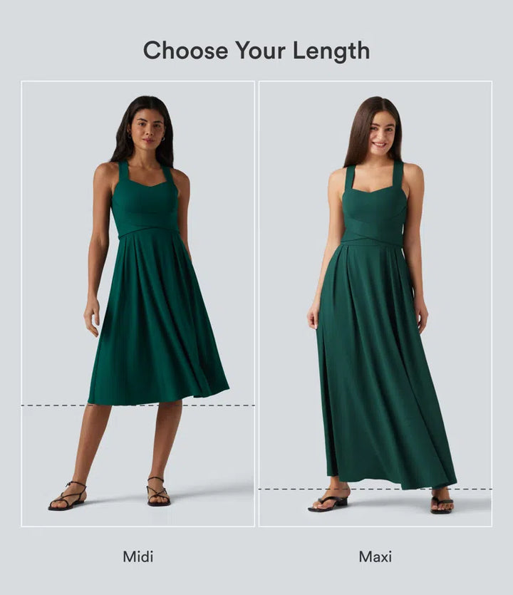 Sweetheart Neck Sleeveless Crisscross Tie-back Midi Casual Flowy Dress with Pockets