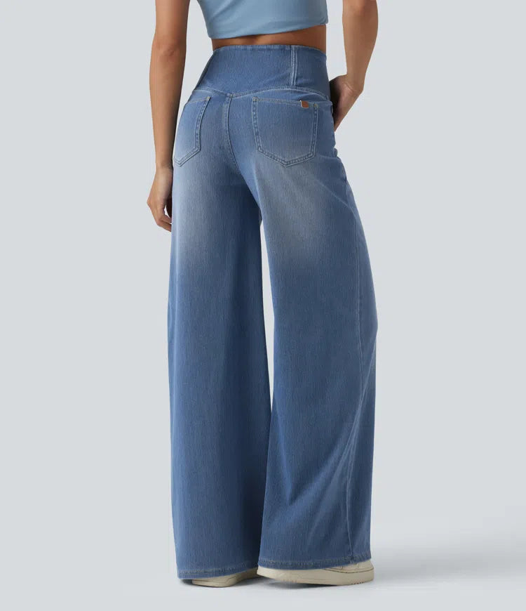 Halara Flex Crossover High Waisted Tummy Control Wide Leg Casual Jeans with Pockets