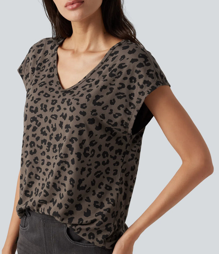 V Neck Short Sleeve Leopard Print Casual T-Shirt