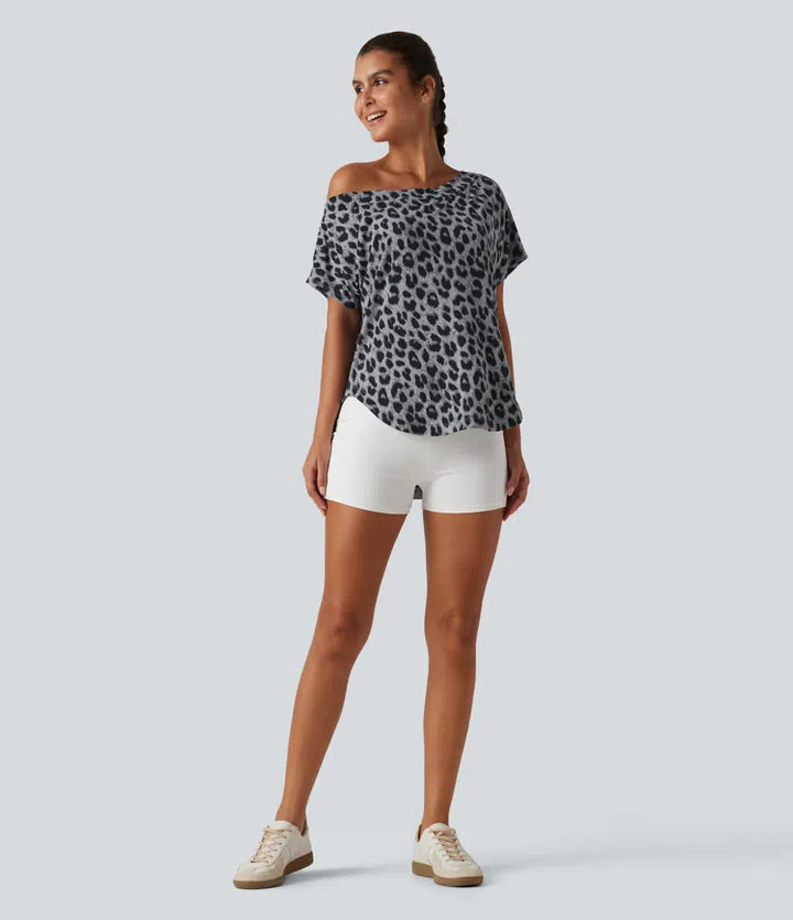 One Shoulder Short Sleeve Leopard Print Built-in Bra Curved Hem High Low Yoga Sports Top