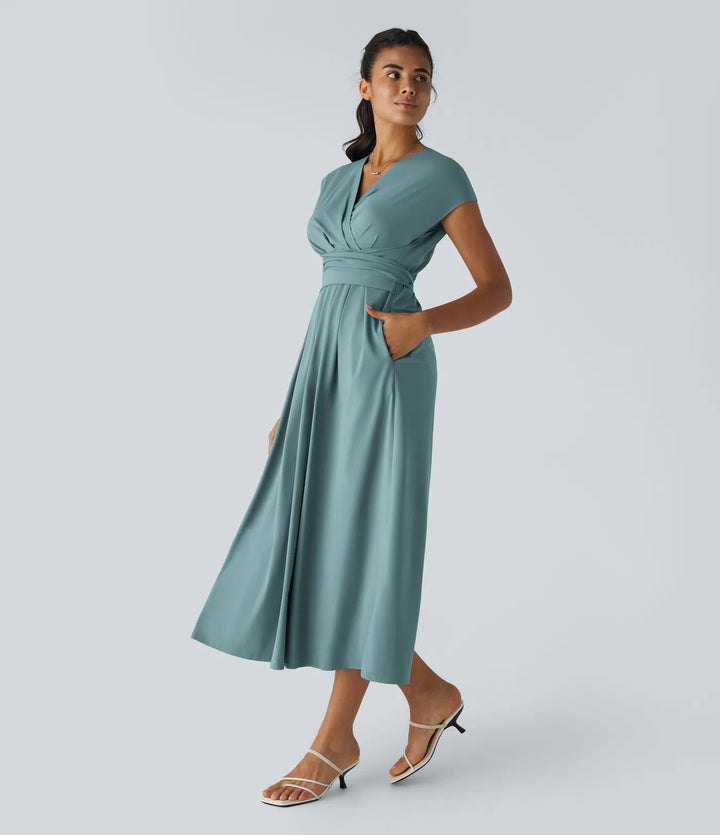 Breezeful V Neck Short Sleeve Pocket Tie Back Quick Dry Midi Casual Dress-Longer Length