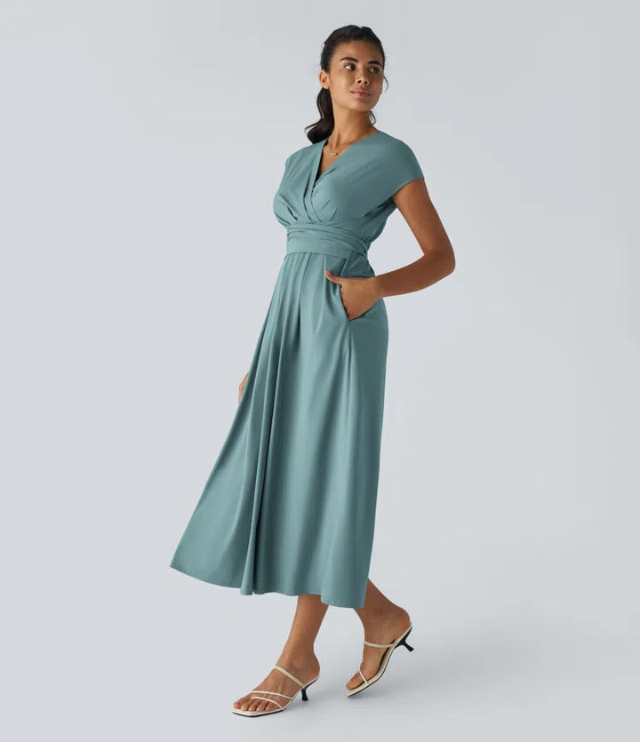 Breezeful V Neck Short Sleeve Pocket Tie Back Quick Dry Midi Casual Dress-Longer Length