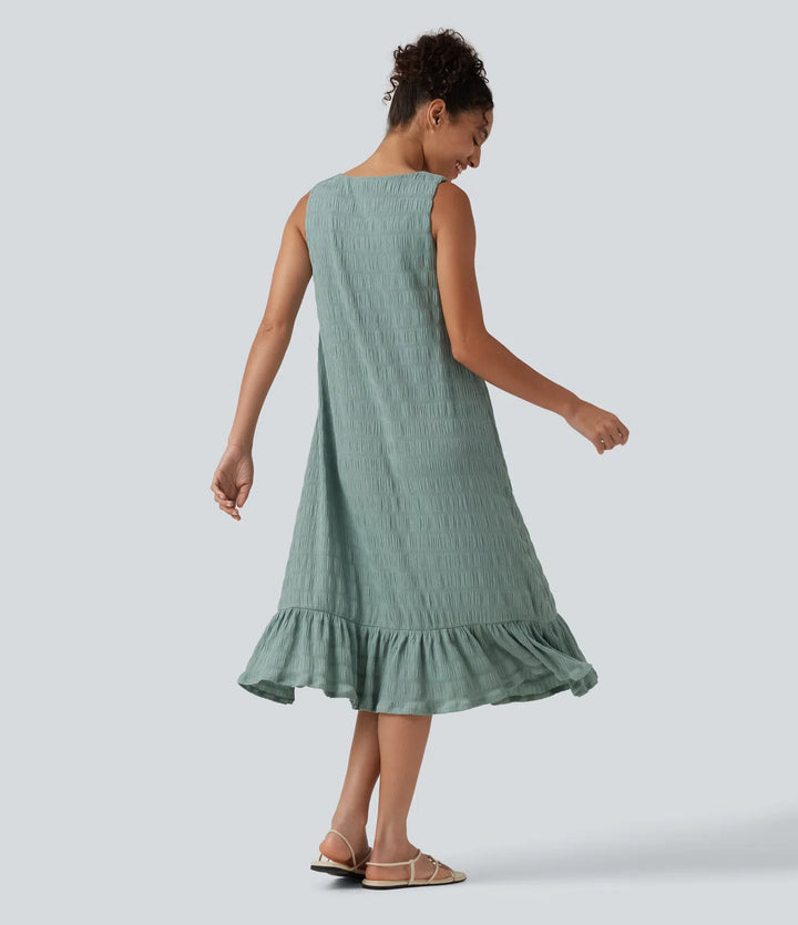 Round Neck Built-in Bra Sleeveless Ruffle Hem Midi Casual Dress